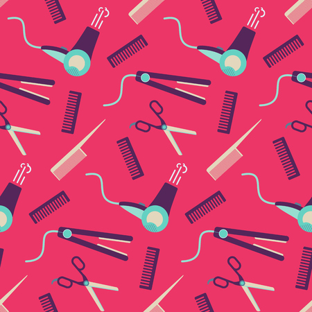 Cute flat pink pattern with hairdressing equipment. Seamless hair style and barbershop salon texture with scissors, combs, straightening iron, hair dryer symbolsのイラスト素材