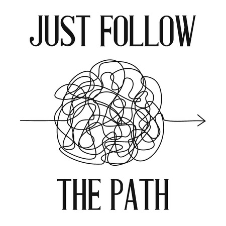 Print or poster with vector symbol of complicated way with scribbled round element, chaos sign, pass the way linear arrow with clew or tangle ball in center. Card with text just follow the pathのイラスト素材