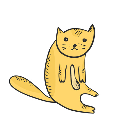 Flat funny hand drawn sketch of sitting outline orange cat. Thoughtful tired doodle kitten with light belly and hatching shadowのイラスト素材
