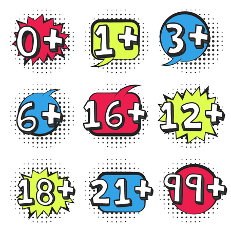 Big set of colorful retro comic speech bubbles with black halftone shadow in pop art style with cartoon age limits signs. Black linear message balloons for advertising text, book, game, product design.のイラスト素材
