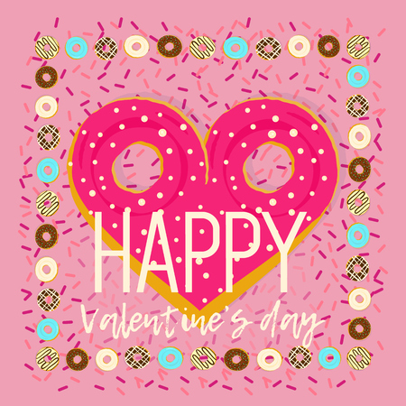 Cute fun Valentine's day greeting card with heart made of tasty topping donuts. Bright lovely pastel pink background for 14 february celebration with donuts sprinkles confettiのイラスト素材