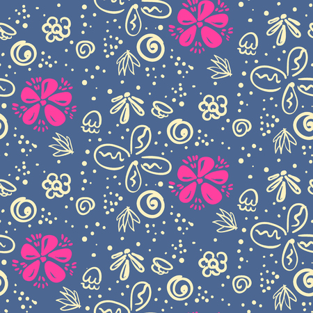 Cute naive doodle floral seamless pattern with yellow and pink outline flowers on blue. Lovely childish texture with flowers and blotches for textile, wrapping paper, banner, underwear, surface, clothのイラスト素材