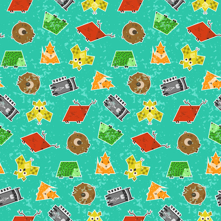Cute kids seamless pattern with textured geometrical animals. Square elephant, rectangular raccoon, triangular fox in sticker style. Nice characters texture for textile, wrapping paper, coverのイラスト素材