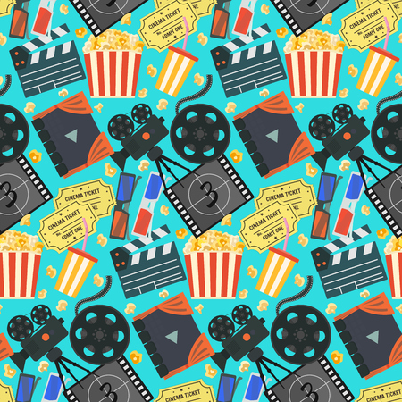 Nice flat vector cinema movie seamless pattern with colorful camera, clapper, tape bobbin, screen, tickets, popcorn, cup and glasses on blue background for textile, wrapping paper, wallpaper, surfaceのイラスト素材