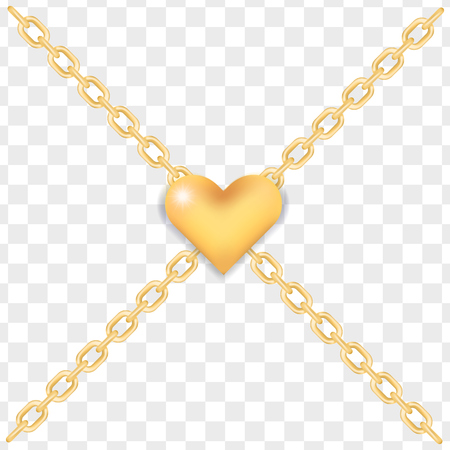 Elegant golden heart on crossed gold ring chains on transparent background. Luxury glossy golden heart, lock love symbol for Valentine's day greeting cards, wedding design, jewelry store advertisementのイラスト素材