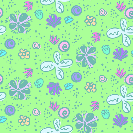 Doodle seamless pattern with tender blue and white meadow flowers. Lovely floral naive texture with colorful flowers, lines and blots on green grass background for textile, wrapping paper, surfaceのイラスト素材