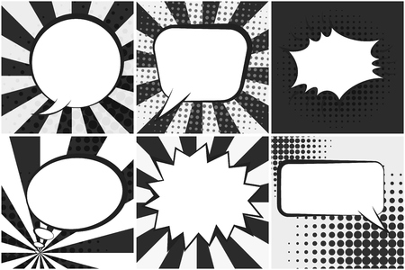 Set of black and white retro comic speech bubbles on monochrome dotted and striped backgrounds in pop art style.のイラスト素材