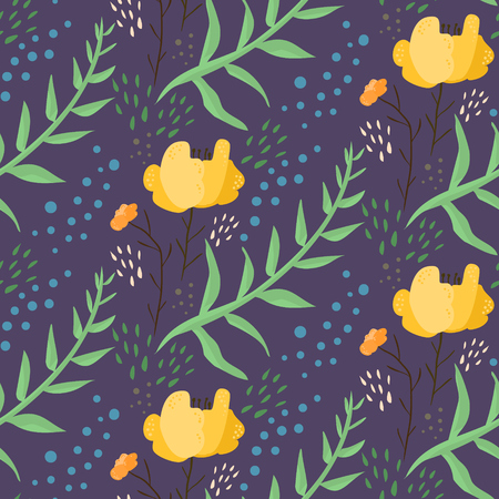 Dark blue night floral seamless pattern with hand drawn orange flowers, leaves, waterdrops. Cute contrast doodle botancal texture for textile, wrapping paper, print design, background, surfaceのイラスト素材