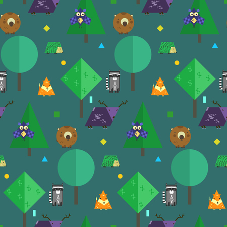 Night kids seamless pattern with cute forest geometrical animals and trees made of different shapes. Nice flat wild animals texture for textile, wrapping paper, background, surface, printのイラスト素材