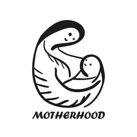 Black outline sketchy mother and child symbol. Doodle illustration of mom and baby, symbol of motherhood, breastfeeding, familyのイラスト素材