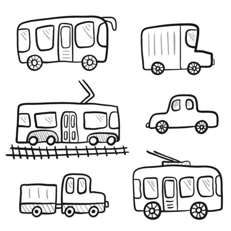 Cute cartoon doodle outline city transport for kids coloring books. Childish sketchy linear public city transport, car, truck for children educational or fun app or bookのイラスト素材