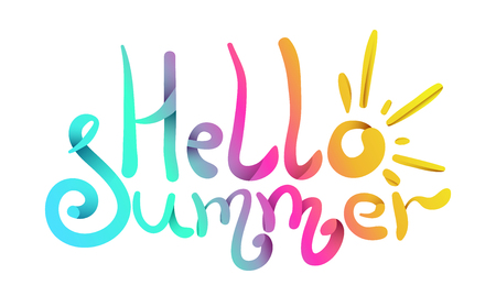 Bright colorful gradient hello summer lettering with sun as letter o. Cute sunny rainbow description for poster or card print, decoration, header, seasonal designのイラスト素材