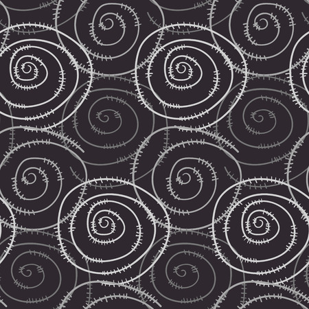 Monochrome seamless pattern with hand drawn round swirl spirals. Abstract contrast texture with spiral barbed wire for background, textile, wrapping paper, cover, surface, wallpaperのイラスト素材