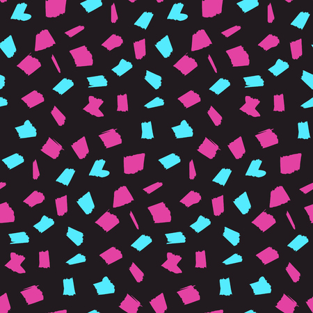 Abstract seamless pattern with pink and blue blotches on dark black background. Contrast trendy vector texture with sketch shapes for textile, wrapping paper, cover, surface, wallpaperのイラスト素材