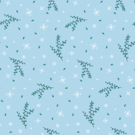 Winter seamless pattern with green fir branches and white snowflakes on light blue background....
