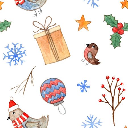 Cute white Christmas seamless pattern with watercolor branches, giftbox, birds, holly and snowflakes. Winter holiday texture for textile, wrapping paper, wallpaper, new year decorの写真素材