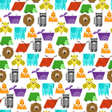 Bright kids seamless pattern with cute geometric animals. Square elephant, rectangular raccoon, triangular fox, texture for textile, wrapping paper, cover design, children clothのイラスト素材