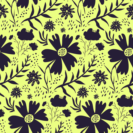 Bright monochrome contrast yellow and black floral seamless pattern. Cute cartoon texture with silhouettes of blossoms, leaves, waterdrops for textile, wrapping paper, print design, surfaceのイラスト素材
