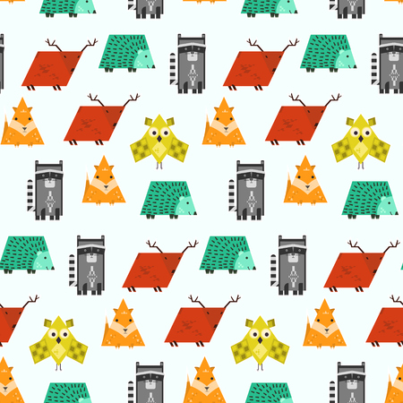 Bright kids seamless pattern with cute geometric animals. Funny fox, deer, raccoon, owl and hedgehog texture for textile, wrapping paper, cover design, children clothのイラスト素材