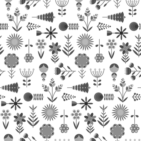 Cute monochrome seamless pattern with flat vector simple abstract flowers. Black, gray and white floral texture for textile, wrapping paper, print design, surfaceの写真素材