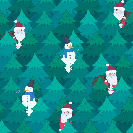 Cute Christmas seamless pattern with cheerful Santa Claus and Snowman in green fir forest. Winter holiday illustration for New Year textile, wrapping paper, surface, wallpaperのイラスト素材