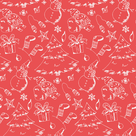 Bright red seamless pattern with cute hand drawn scratched Christmas elements. Winter texture with firs, snowmen, giftbox, santa, stockings for textile, wrapping paper, wallpaper, new year decorのイラスト素材