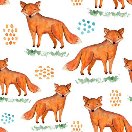 Cute watercolor seamless pattern with orange fox, green grass and blue and ginger blobs on white background. Funny hand drawn foxy texture for print design, wallpaper, textile, wrapping paperの写真素材