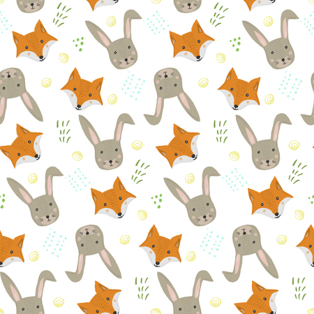Cute cartoon seamless pattern with orange fox and gray hare heads with grass on white background. Funny hand drawn foxy and rabbit texture for kids design, wallpaper, textile, wrapping paperの写真素材