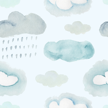 Cute colorful watercolor weather elements seamless pattern. Cartoon texture with blue and gray clouds and raindrops for kids textile, wrapping paper, weather surface design, backgroundの写真素材