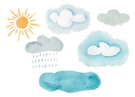 Cute colorful watercolor weather elements. Hand painted decorative clouds, rain drops, yellow sun for kids print design, patterns, stickers, apps and books decorationの写真素材
