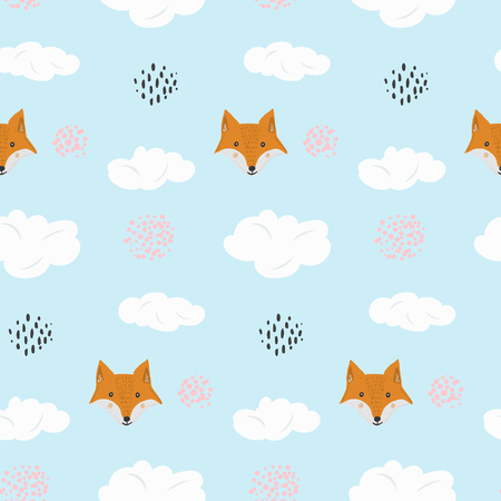 Cute seamless pattern with cartoon orange fox and dotted circles in blue sky background. Funny hand drawn foxy and textured balls texture for kids design, wallpaper, textile, wrapping paperの写真素材