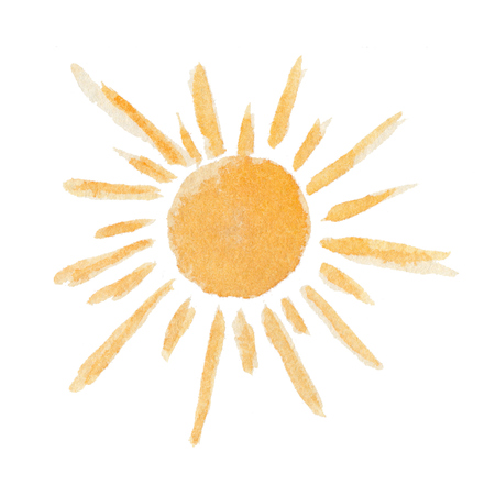 Cute watercolor shiny yellow sun, sign for Shrovetide festival. Tender orange weather element for kids apps design and print, for Russian traditional holiday Maslenitsaの写真素材