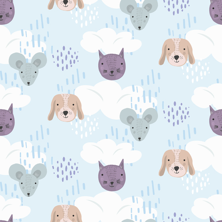 Cute cartoon seamless pattern with gray mice, brown dogs and purple cats heads on blue sky with clouds background. Funny texture with pets for kids design, wallpaper, textile, wrapping paperのイラスト素材