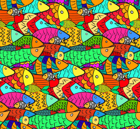 Childish seamless pattern with mess of cute colorful cartoon decorated fishes. Stylized doodle bright aquarium or river fish texture for kids textile, swimwear, wrapping paper, background, surfaceの写真素材