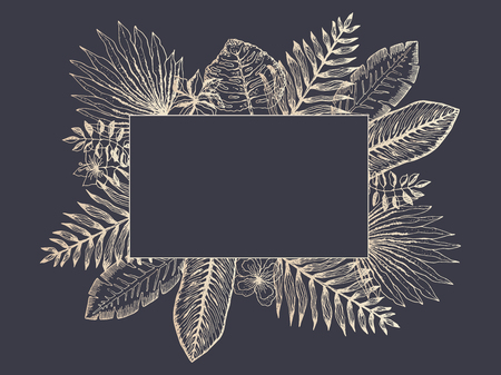 Luxury frame of golden color outline tropical leaves on dark blue background. Trendy rectangle exotic greenery and flowers border for summer greeting cards, banner design, wedding invitationのイラスト素材
