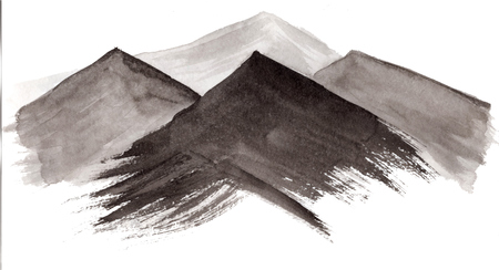 Black and gray traditional chinese ink hand drawn foggy mountains illustration. Sketchy simple hills in fog landscape isolated on white backgroundの写真素材