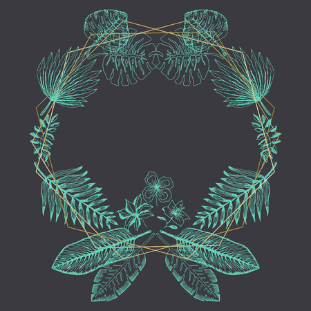 Elegant shiny green frame of hand drawn outline tropical leaves and golden polygons. Trendy emerald exotic greenery and flowers border for summer greeting cards, banner design, wedding decorationのイラスト素材