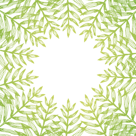 Square frame of sunny green fern tropical leaves and white negative space round center for birthday greeting cards, wedding decoration. Contoured palm leaves on black background with place for textのイラスト素材