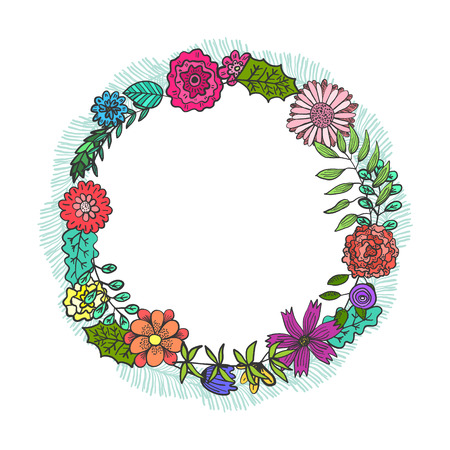 Round frame with colorful doodle flowers and leaves. Summer childish floral circle wreath for kids birthday greeting cards, banner design, spring children event decorationのイラスト素材