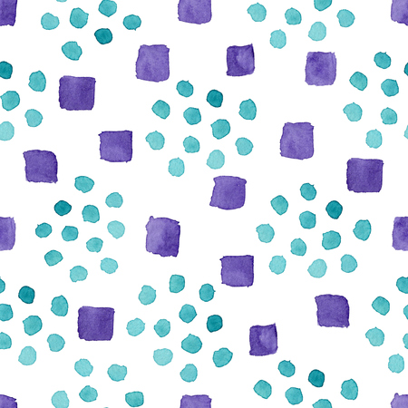 Blue and purple seamless watercolor pattern with mess of rounded color stains and square shapes. Beautiful hand drawn watercolour ornament for textile, wrapping paper, wallpaper, surface designの写真素材