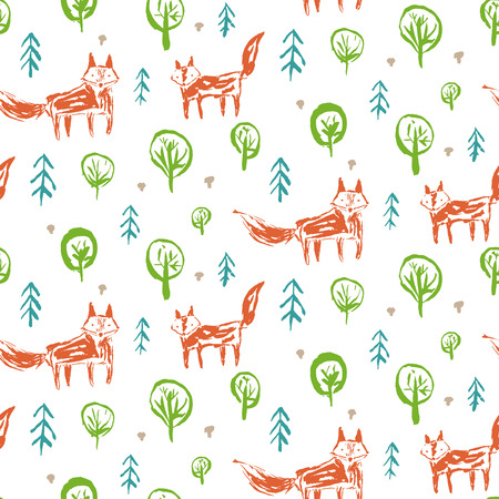 Childish seamless pattern with cute sketchy orange foxes in forest with firs and mushrooms. Childish woodland hand drawn foxy texture for kids design, wallpaper, textile, wrapping paperのイラスト素材