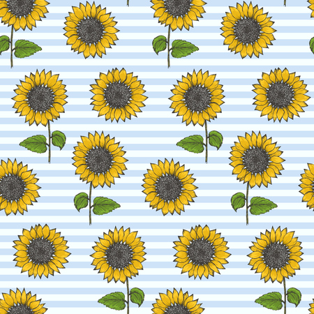 Retro seamless pattern with colorful sketch sunflowers on tender striped blue background. Trendy hand drawn illustration of beautiful sun flower, texture for textile, wrapping paper, surfaceのイラスト素材