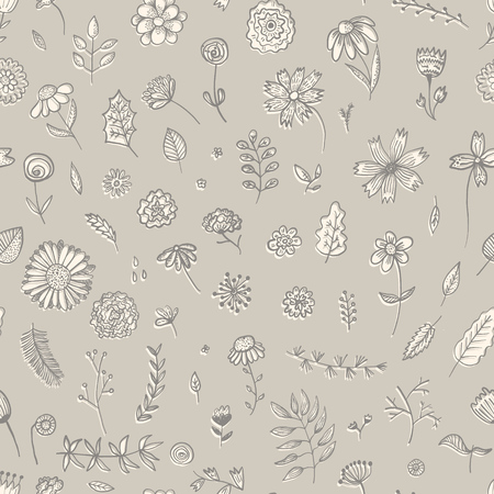 Tender beige floral seamless pattern with light overlapping flowers and leaves. Lovely floral texture with blossoms and herbs for textile, wrapping paper, surface, wallpaperのイラスト素材