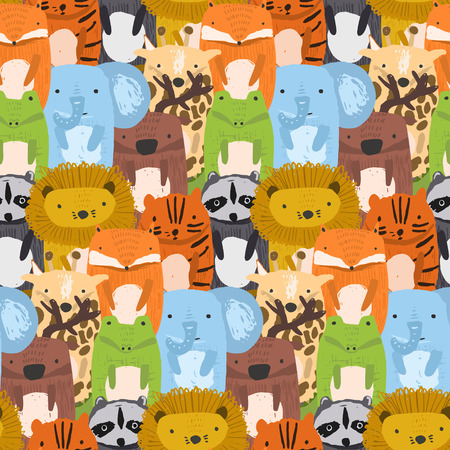 Cute seamless pattern with mess of sketchy lions, crocodile, giraffe, tiger and raccoon. Funny summer hand drawn color animals texture for kids design, wallpaper, textile, wrapping paperのイラスト素材