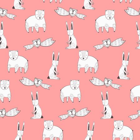 Cute pink seamless pattern with white cartoon polar bear, rabbit and flying owl. Funny hand drawn texture with sea-bear, hare and bird for kids design, wallpaper, textile, wrapping paperのイラスト素材