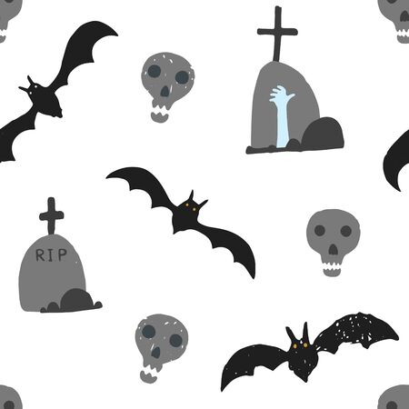 Hand drawn Halloween pattern with skull, black rat and grave stone with blue hand. Creepy autumn holiday texture for textile, wrapping paper, cover, background, wallpaper, surface, web designのイラスト素材