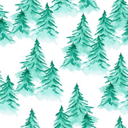 Cute watercolor seamless pattern with emerald green coniferous fir trees. Cute snowy New Year forest texture for textile, wrapping paper, surface, wallpaper, background designの写真素材