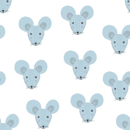 Cute childish cartoon seamless pattern with blue mice heads on white background. Funny hand drawn texture with domestic pets for kids design, wallpaper, textile, wrapping paperのイラスト素材