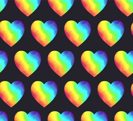 Bright rainbow colors gradient heart shapes seamless pattern on black background. Vibrant watercolor hearts texture for Valentines day, lgbt concept design, wallpaper, textile, surfaceの写真素材