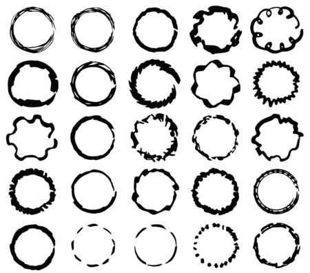 Big set of isolated vector black grunge thick scratch and wavy ink brush round frames. Dirty hand drawn textured inky line circles collection for graphic design, decorationのイラスト素材